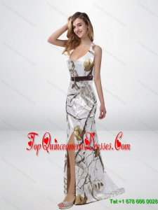 Classical Column Halter Top Camo Gorgeous Dama Dresses with Sashes
