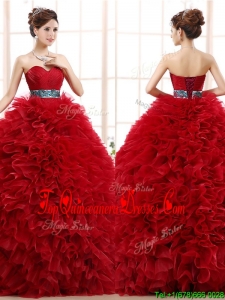 Luxurious Sashed and Ruffled Sweet 16 Dress in Wine Red