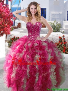 Visible Boning Beaded and Ruffled Quinceanera Dress in Hot Pink