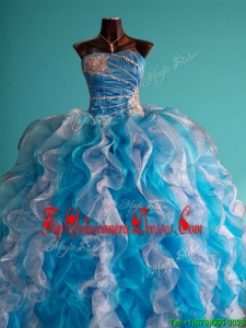 Discount Beaded and Ruffled Big Puffy Sweet 16 Dress in White and Blue