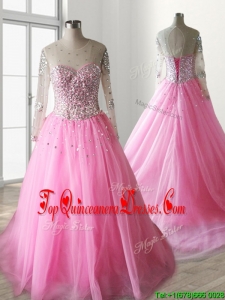 See Through Scoop Long Sleeves Quinceanera Dress with Beading