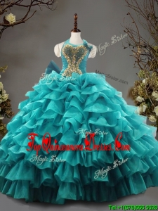 Custom Made Fashionable Halter Top Teal Quinceanera Dress with Beading and Ruffled Layers