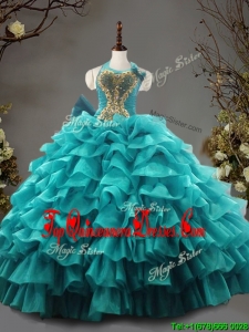 Custom Made Fashionable Halter Top Teal Quinceanera Dress with Beading and Ruffled Layers