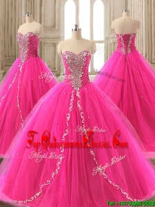 Elegant Beaded Hot Pink Sweet 16 Gown with Brush Train