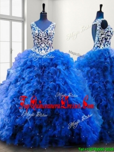 Popular V Neck Beading and Ruffles Sweet 16 Dress in Royal Blue