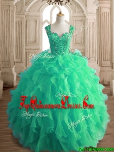 Affordable Beaded and Ruffled Straps Quinceanera Dress in Spring Green