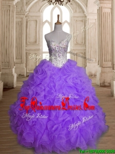 Fashionable Big Puffy Beading and Ruffles Quinceanera Dress in Purple