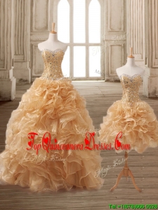 Latest Gold Detachable Quinceanera Dress with Beading and Ruffles