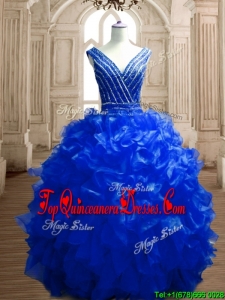 Modest Beaded and Ruffled Deep V Neckline Quinceanera Dress in Royal Blue