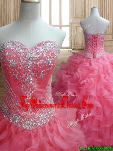 New Style Beaded and Ruffled Quinceanera Dress in Watermelon