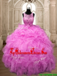 See Through Scoop Hot Pink Sweet 16 Dress with Beading and Ruffles