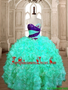 Wonderful Beaded and Ruffled Quinceanera Dress in Turquoise for Spring