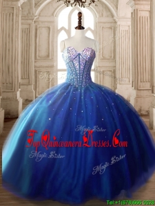 Discount Royal Blue Tulle Sweet 16 Dress with Beading