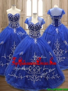 Elegant Applique Royal Blue Sweet 16 Dress with Brush Train