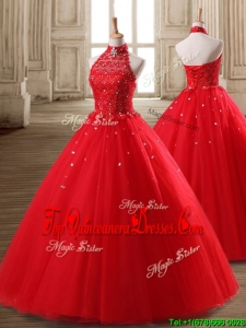 Fashionable Halter Top Beaded Tulle Quinceanera Dress in Red
