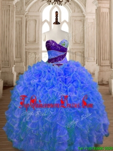 Hot Sale Beaded and Ruffled Organza Quinceanera Dress in Blue