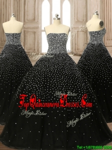 Latest Strapless Beading Black Quinceanera Dress with Brush Train
