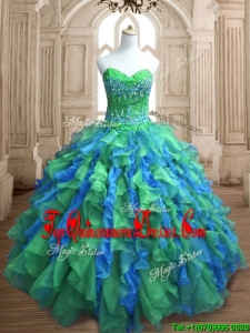 Most Popular Applique and Ruffled Quinceanera Dress in Green and Blue