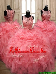 Perfect Scoop Beaded and Ruffled Quinceanera Dress in Watermelon Red