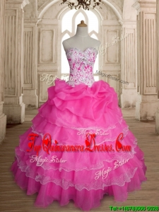 Inexpensive Hot Pink Organza Quinceanera Dress with Ruffled Layers and Beading