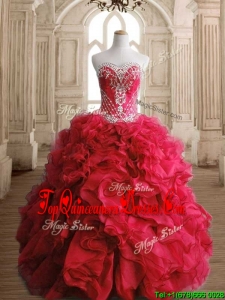 Luxurious Red Big Puffy Sweet 16 Dress with Beading and Ruffles