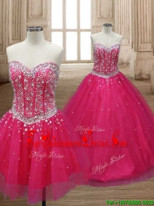 Wonderful A Line Hot Pink Detachable Quinceanera Dress with Beading