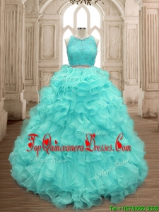 Sweet Two Piece Scoop Mint Quinceanera Dress with Beading and Ruffles