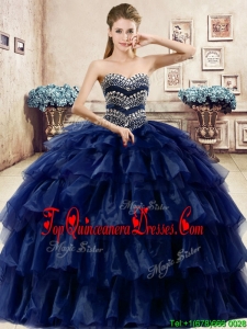 Cheap Beaded and Ruffled Layers Quinceanera Dress in Navy Blue