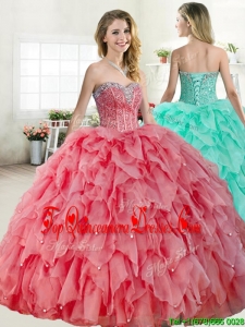 Discount Coral Red Quinceanera Dress with Beading and Ruffles