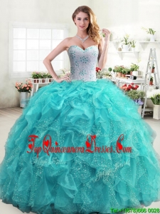 Inexpensive Beaded and Ruffled Turquoise Quinceanera Dress in Organza