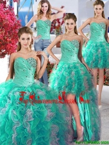 Cheap Turquoise and White Detachable Quinceanera Dresses with Beading and Ruffles