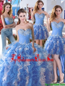 Comfortable Applique and Ruffled Detachable Quinceanera Dresses in Blue and White