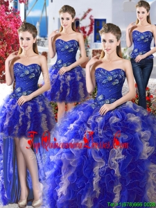 Elegant Royal Blue and Champagne Detachable Sweet 16 Dresses with Appliques and Ruffles