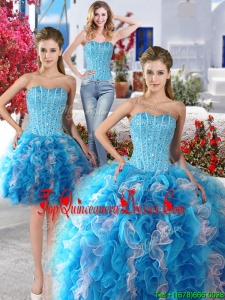 Exquisite Baby Blue and White Detachable Sweet 16 Dresses with Beading and Ruffles