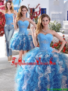 Gorgeous Beaded and Ruffled Detachable Quinceanera Dresses in Blue and White