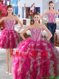 Gorgeous Hot Pink and White Detachable Quinceanera Dresses with Beading and Ruffles
