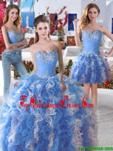 Pretty Blue and White Organza Detachable Sweet 16 Dresses with Appliques and Ruffles