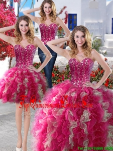 Visible Boning Beaded Bodice and Ruffled Detachable Quinceanera Dresses in Hot Pink and Champagne