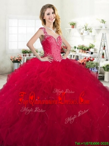 Luxurious Straps Beaded and Ruffled Quinceanera Dress in Red