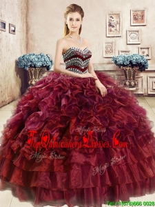 Affordable Beaded and Ruffled Wine Red Sweet 16 Dress in Organza