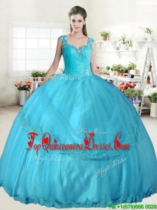 Best Straps Beaded and Applique Quinceanera Dress in Aqua Blue