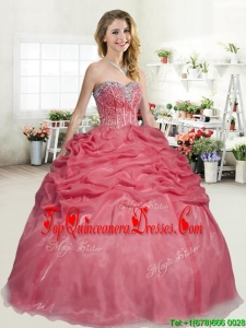 Latest Organza Coral Red Quinceanera Dress with Beading and Pick Ups