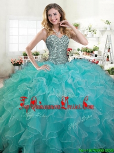 Lovely Turquoise Organza Quinceanera Dress with Beading and Ruffles