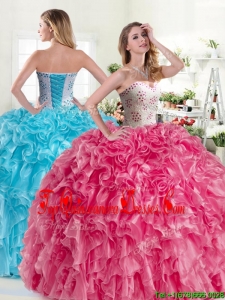 Modest Beaded and Ruffled Organza Quinceanera Dress in Hot Pink