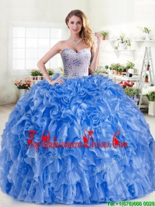 New Arrivals Beaded and Ruffled Blue Quinceanera Dress in Organza