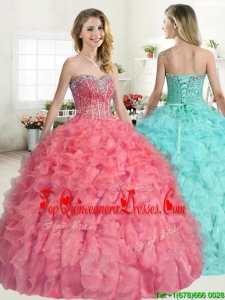 Perfect Beaded and Ruffled Quinceanera Dress in Coral Red