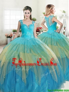 Unique Straps Beaded and Ruffled Layers Quinceanera Dress in Multi Color