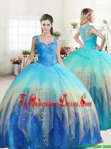 Unique Straps Rainbow Quinceanera Dress with Ruffled Layers and Beading