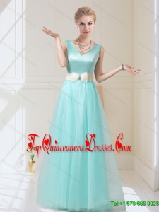 Delicate V Neck Floor Length Dama Dresses with Bowknot for 2015