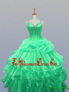 2015 Real Sample Straps Quinceanera Dresses with Beading and Ruffled Layers